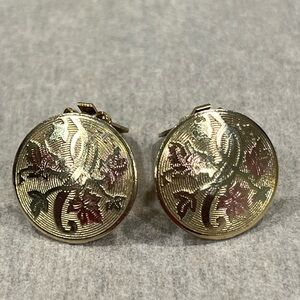 Vintage Gold and Pink Leaves Engraved Clip-On Earrings